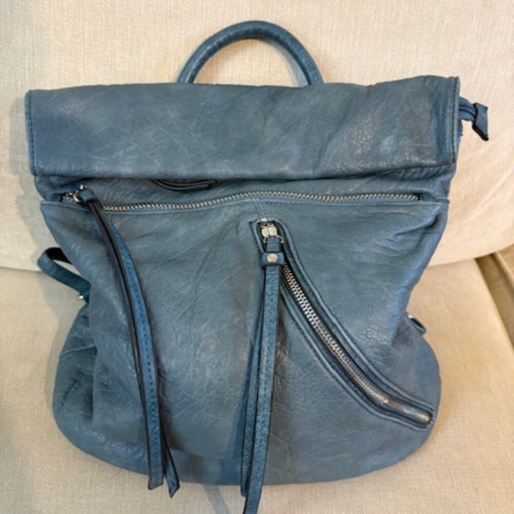 Vintage Vegan Leather Light Blue Backpack Top Handle Zippers Silver Hardware